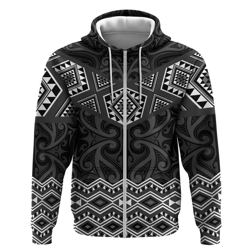 New Zealand Aotearoa Zip Hoodie Black Taniko Art Maori Pattern LT05 Zip Hoodie Black - Polynesian Pride