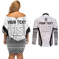 Custom Fiji 2026 Rugby Couples Matching Off Shoulder Short Dress and Long Sleeve Button Shirt Fijian Tapa Pattern