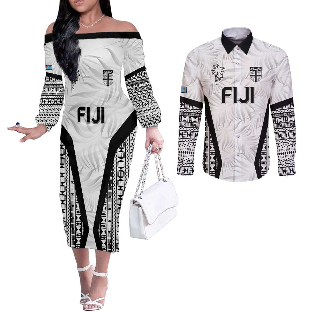 Custom Fiji 2026 Rugby Couples Matching Off The Shoulder Long Sleeve Dress and Long Sleeve Button Shirt Fijian Tapa Pattern