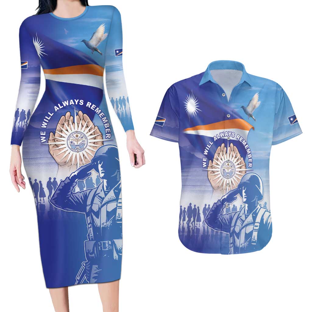 Personalised Marshall Islands Remembrance Day Couples Matching Long Sleeve Bodycon Dress and Hawaiian Shirt We Will Always Remember