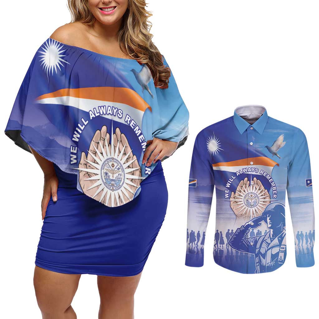 Personalised Marshall Islands Remembrance Day Couples Matching Off Shoulder Short Dress and Long Sleeve Button Shirt We Will Always Remember