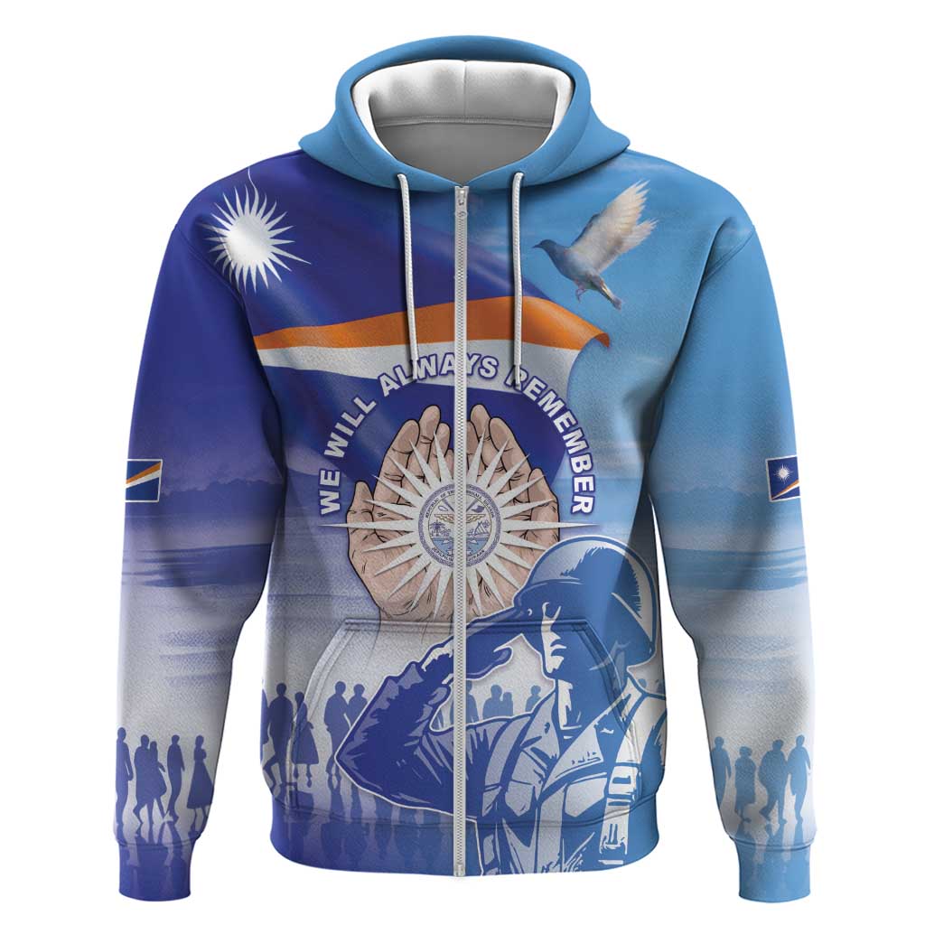 Personalised Marshall Islands Remembrance Day Hoodie We Will Always Remember LT05 Zip Hoodie Blue - Polynesian Pride