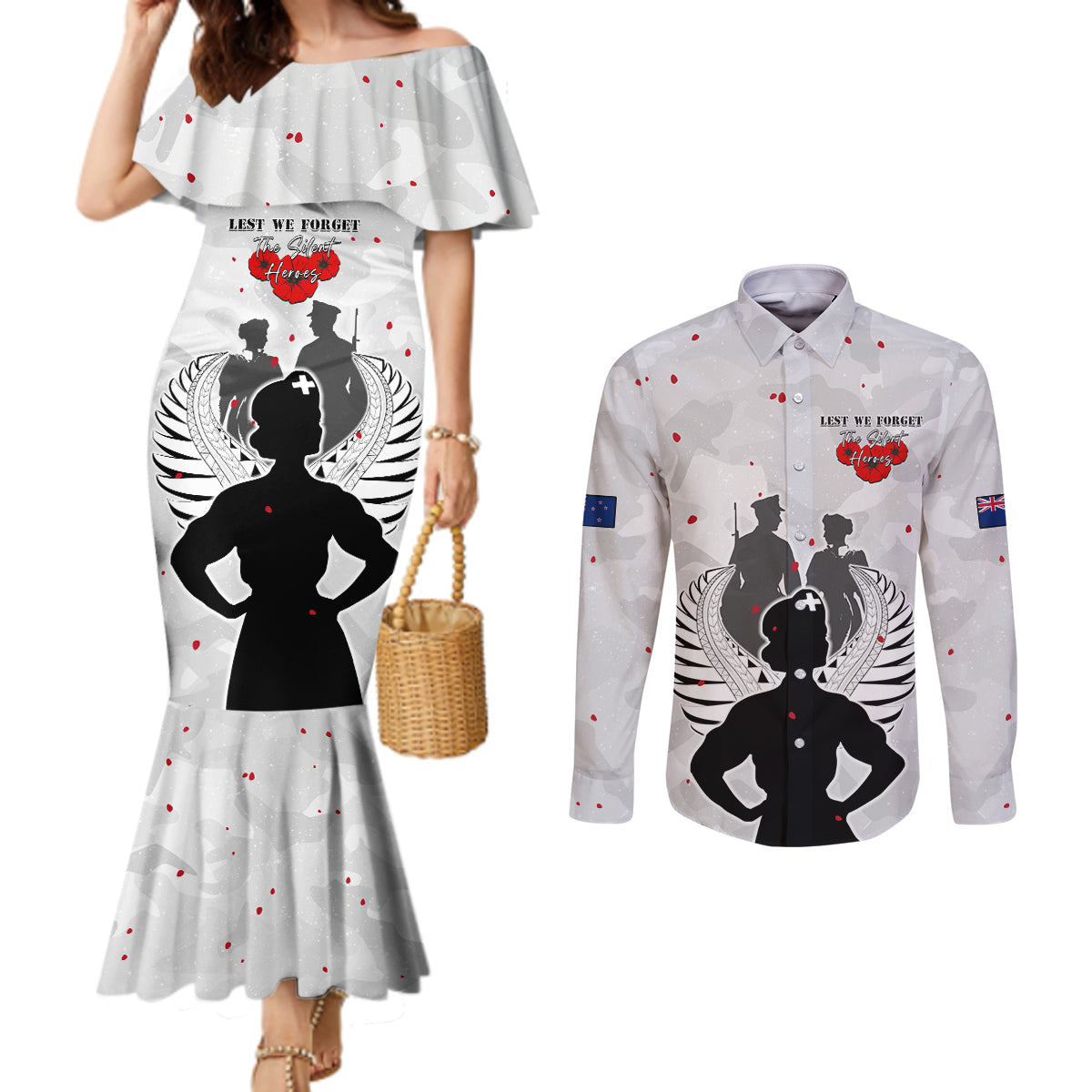 New Zealand ANZAC Day Couples Matching Mermaid Dress and Long Sleeve Button Shirt For The Nurse Lest We Forget LT05 White - Polynesian Pride