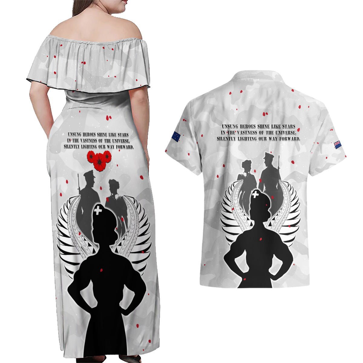 New Zealand ANZAC Day Couples Matching Off Shoulder Maxi Dress and Hawaiian Shirt For The Nurse Lest We Forget LT05 - Polynesian Pride