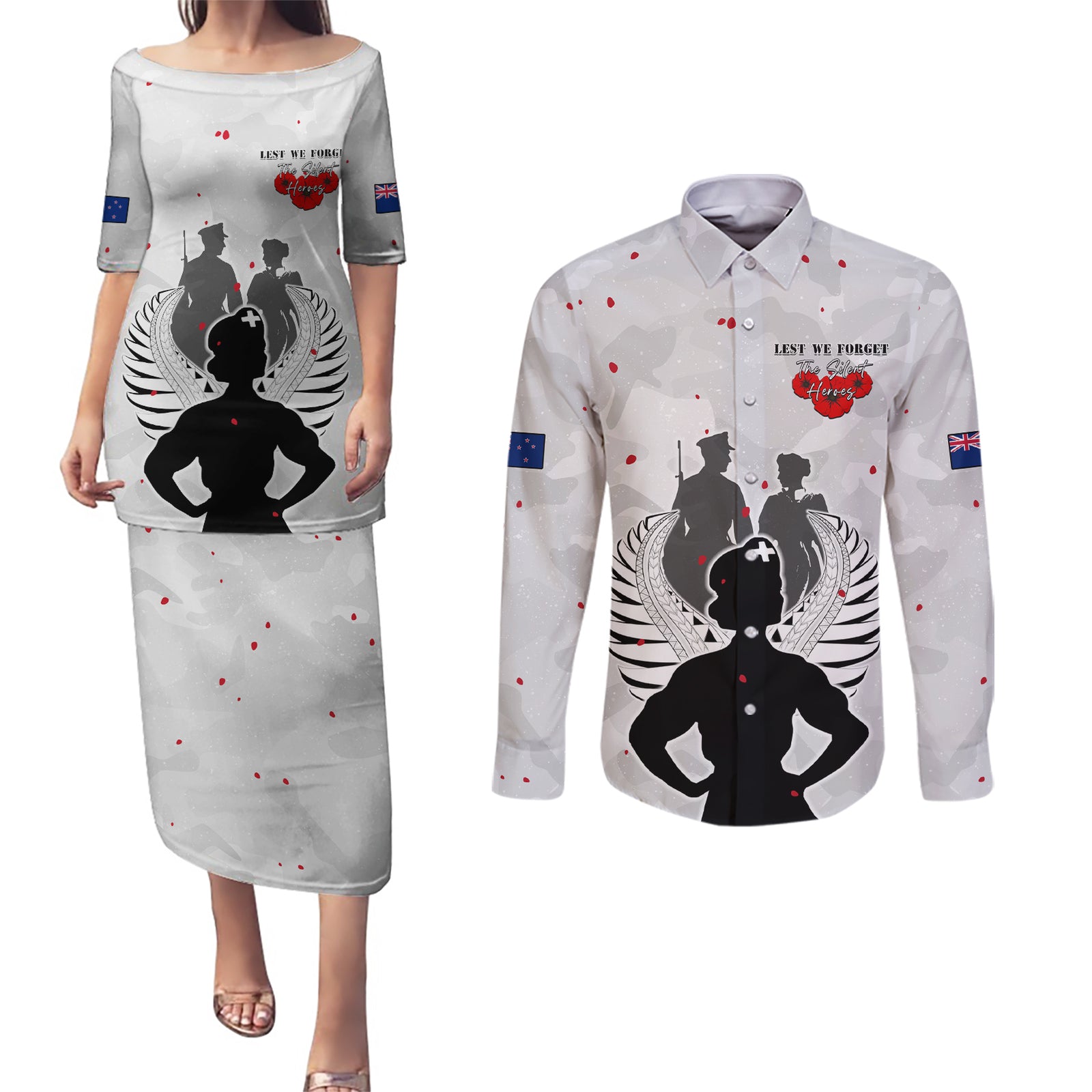 New Zealand ANZAC Day Couples Matching Puletasi and Long Sleeve Button Shirt For The Nurse Lest We Forget LT05 White - Polynesian Pride
