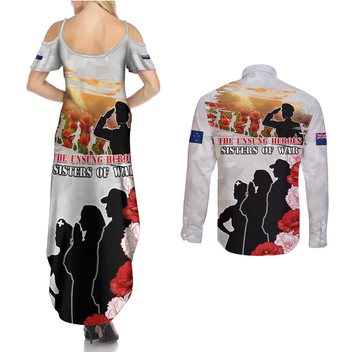 New Zealand ANZAC Day Couples Matching Summer Maxi Dress and Long Sleeve Button Shirt The Unsung Heroes Sisters of War LT05 - Polynesian Pride