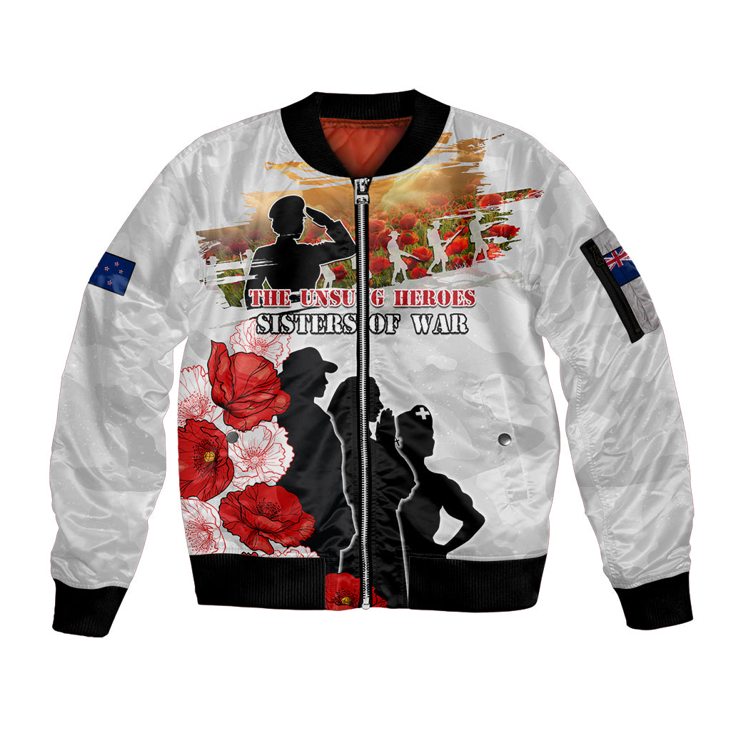 New Zealand ANZAC Day Sleeve Zip Bomber Jacket The Unsung Heroes Sisters of War LT05 Unisex White - Polynesian Pride