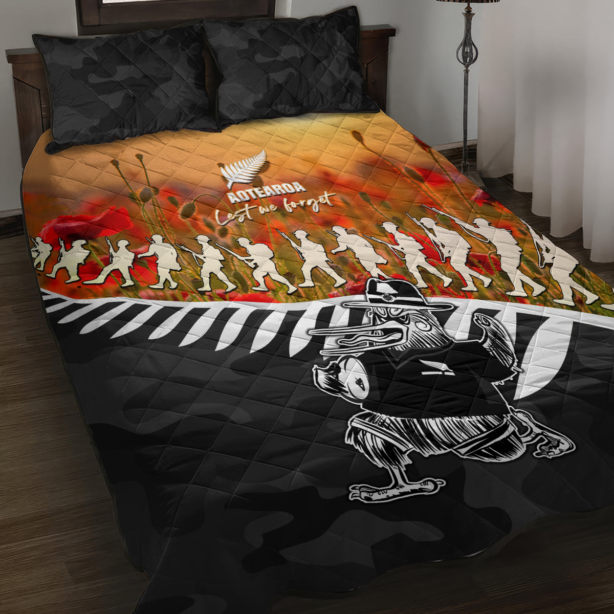 New Zealand ANZAC Rugby Quilt Bed Set Soldier Fern With Kiwi Bird