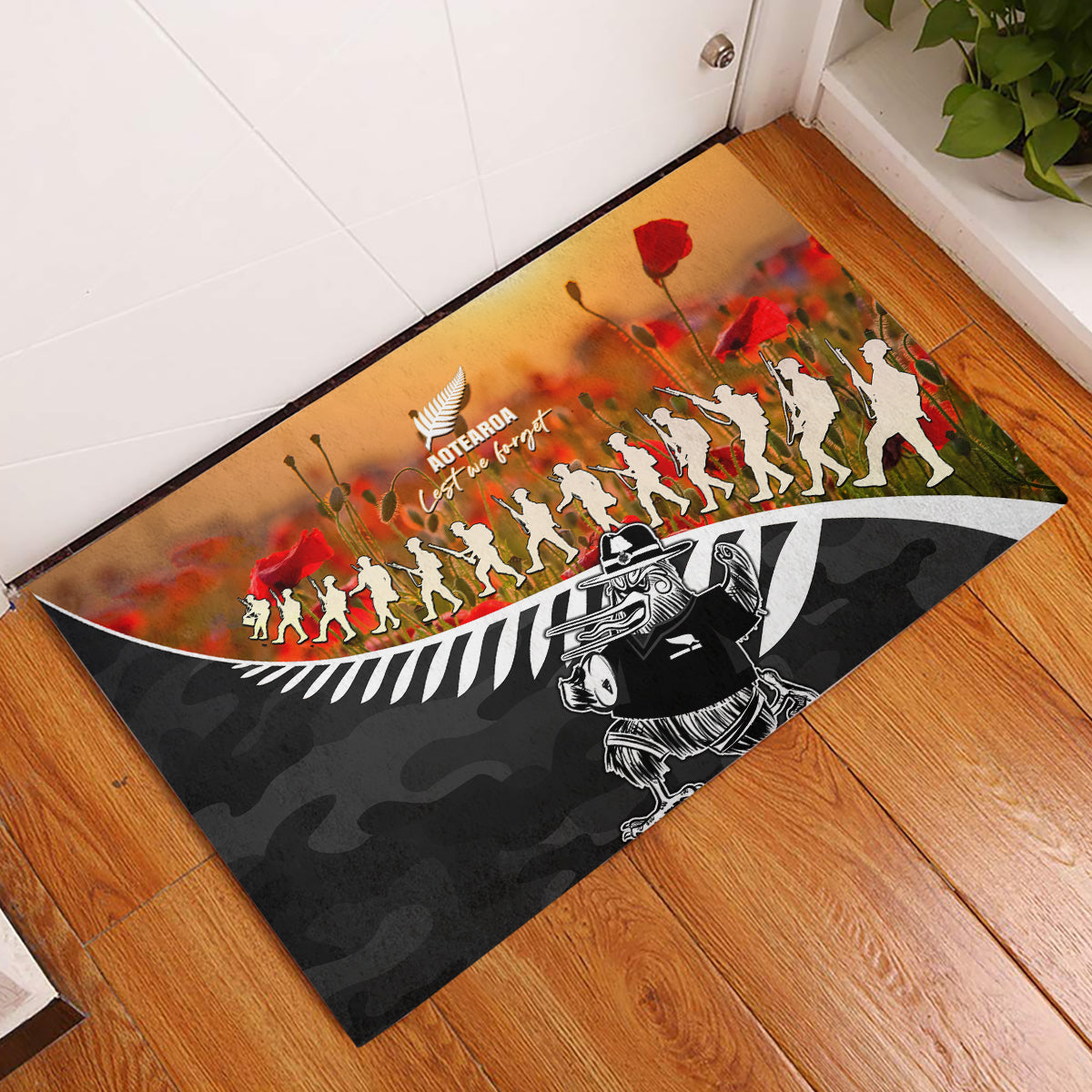 New Zealand ANZAC Rugby Rubber Doormat Soldier Fern With Kiwi Bird