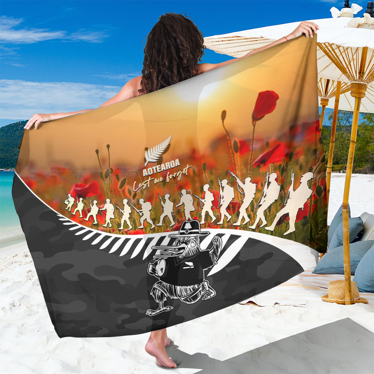 New Zealand ANZAC Rugby Sarong Soldier Fern With Kiwi Bird