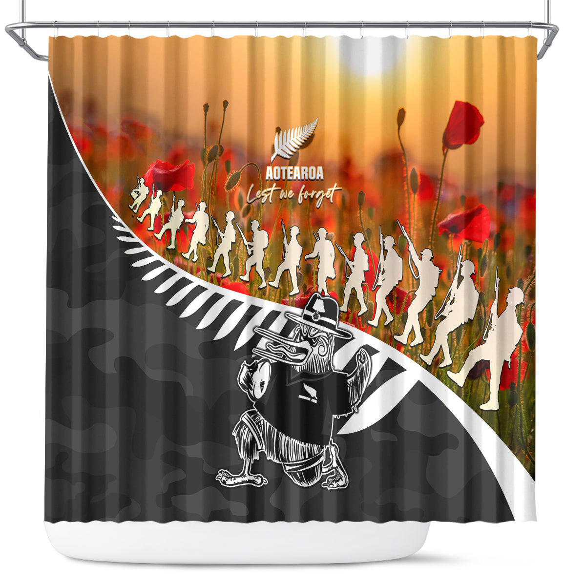 New Zealand ANZAC Rugby Shower Curtain Soldier Fern With Kiwi Bird