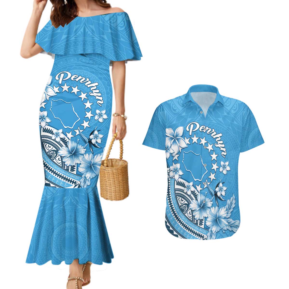 Personalised Penrhyn Gospel Day Couples Matching Mermaid Dress and Hawaiian Shirt Cook Islands Tribal Pattern