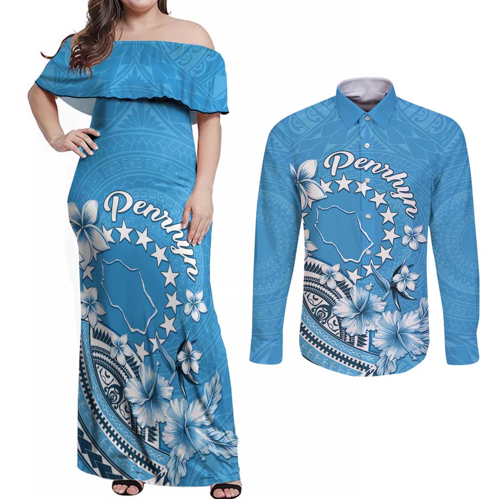 Personalised Penrhyn Gospel Day Couples Matching Off Shoulder Maxi Dress and Long Sleeve Button Shirt Cook Islands Tribal Pattern