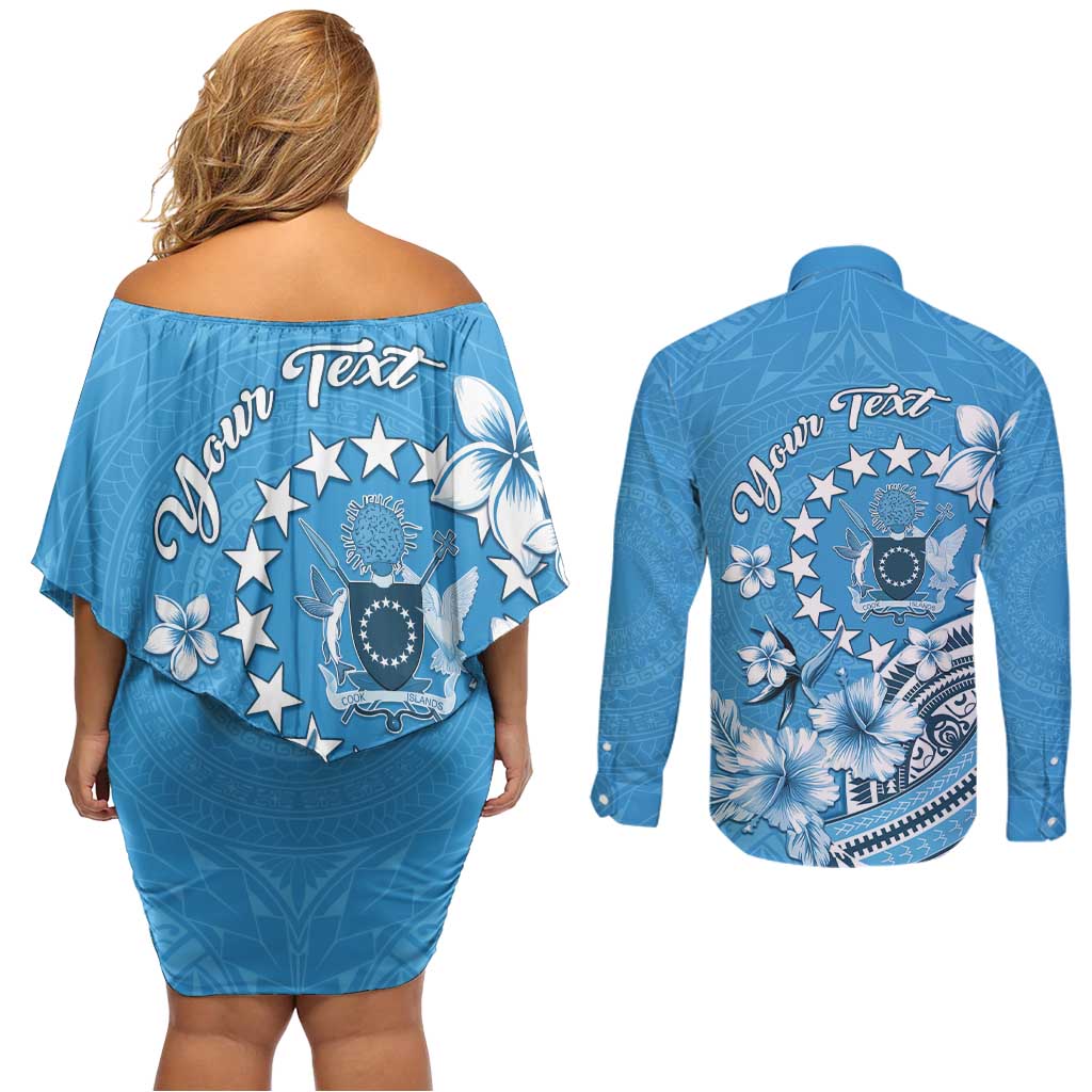 Personalised Penrhyn Gospel Day Couples Matching Off Shoulder Short Dress and Long Sleeve Button Shirt Cook Islands Tribal Pattern