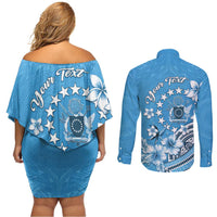 Personalised Penrhyn Gospel Day Couples Matching Off Shoulder Short Dress and Long Sleeve Button Shirt Cook Islands Tribal Pattern