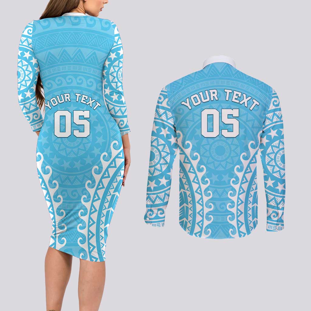 Custom Cook Islands Mauke Couples Matching Long Sleeve Bodycon Dress and Long Sleeve Button Shirt Polynesian Tribal Tattoo
