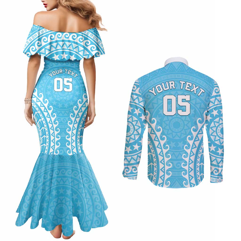 Custom Cook Islands Mauke Couples Matching Mermaid Dress and Long Sleeve Button Shirt Polynesian Tribal Tattoo