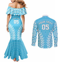 Custom Cook Islands Mauke Couples Matching Mermaid Dress and Long Sleeve Button Shirt Polynesian Tribal Tattoo