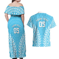 Custom Cook Islands Mauke Couples Matching Off Shoulder Maxi Dress and Hawaiian Shirt Polynesian Tribal Tattoo