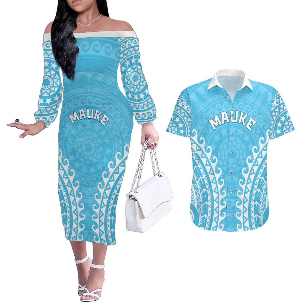 Custom Cook Islands Mauke Couples Matching Off The Shoulder Long Sleeve Dress and Hawaiian Shirt Polynesian Tribal Tattoo