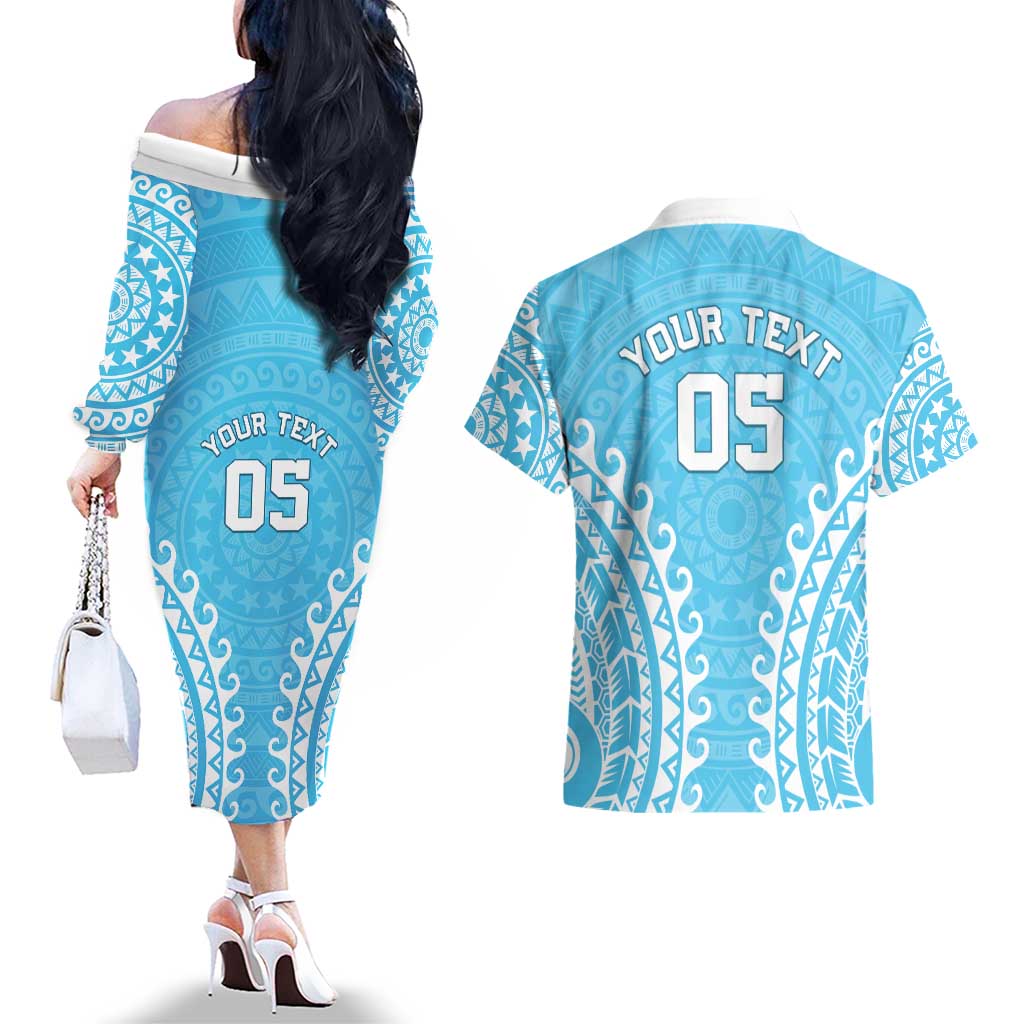 Custom Cook Islands Mauke Couples Matching Off The Shoulder Long Sleeve Dress and Hawaiian Shirt Polynesian Tribal Tattoo