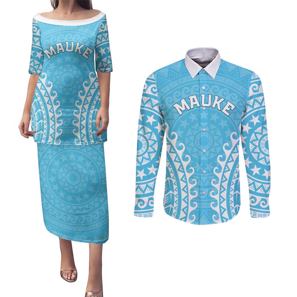 Custom Cook Islands Mauke Couples Matching Puletasi and Long Sleeve Button Shirt Polynesian Tribal Tattoo