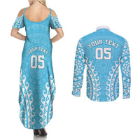 Custom Cook Islands Mauke Couples Matching Summer Maxi Dress and Long Sleeve Button Shirt Polynesian Tribal Tattoo
