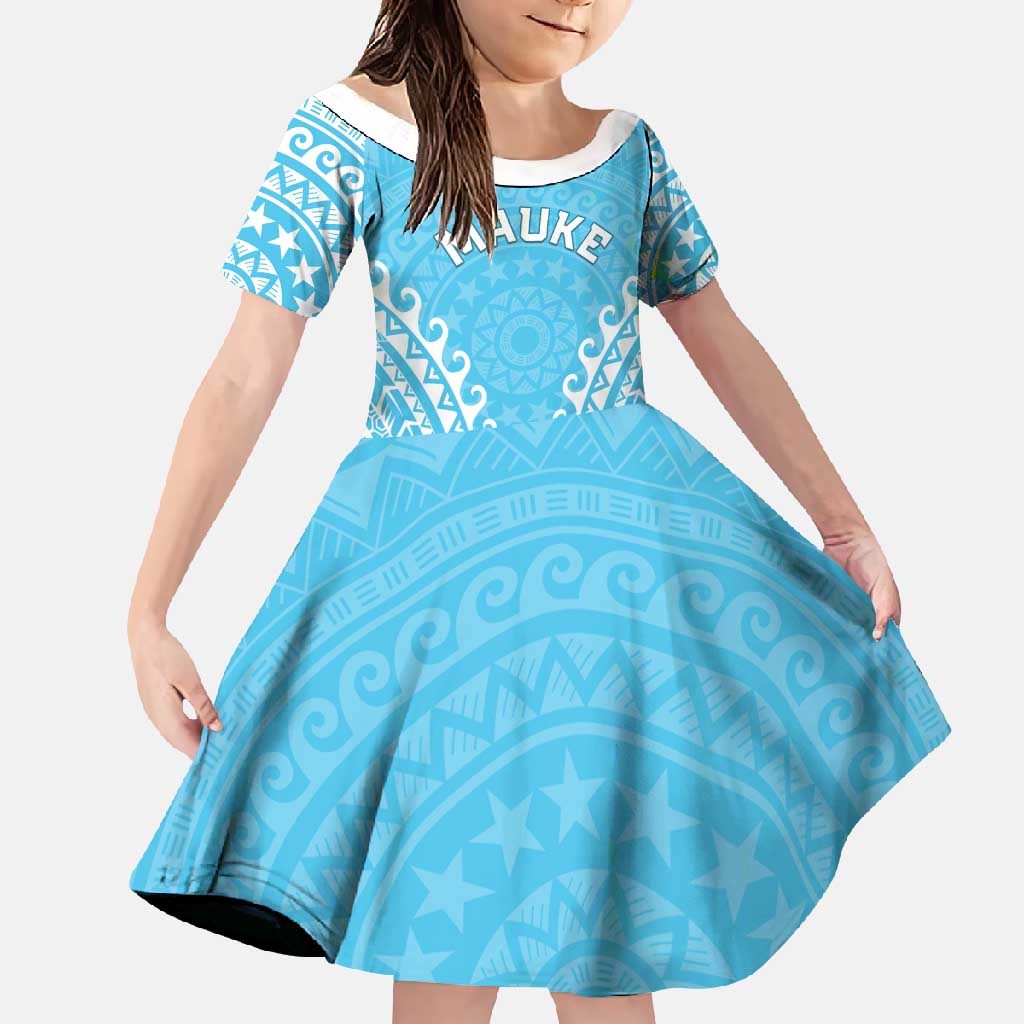 Custom Cook Islands Mauke Family Matching Long Sleeve Bodycon Dress and Hawaiian Shirt Polynesian Tribal Tattoo LT05 Daughter's Dress Baby Blue - Polynesian Pride