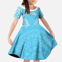 Custom Cook Islands Mauke Family Matching Long Sleeve Bodycon Dress and Hawaiian Shirt Polynesian Tribal Tattoo LT05 Daughter's Dress Baby Blue - Polynesian Pride
