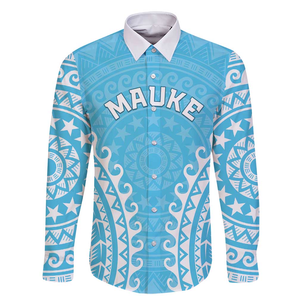 Custom Cook Islands Mauke Family Matching Mermaid Dress and Hawaiian Shirt Polynesian Tribal Tattoo LT05 Dad's Shirt - Long Sleeve Baby Blue - Polynesian Pride