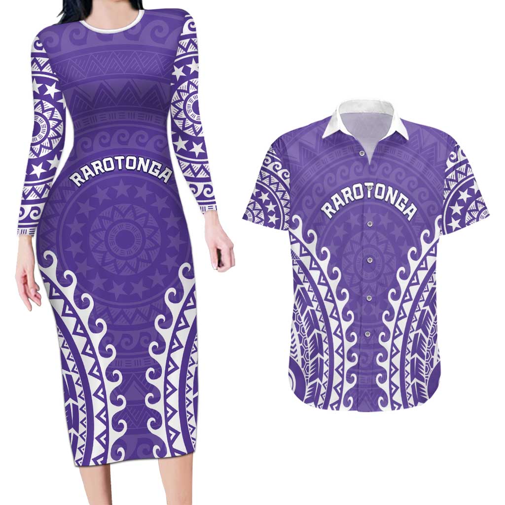 Custom Cook Islands Rarotonga Couples Matching Long Sleeve Bodycon Dress and Hawaiian Shirt Polynesian Tribal Tattoo