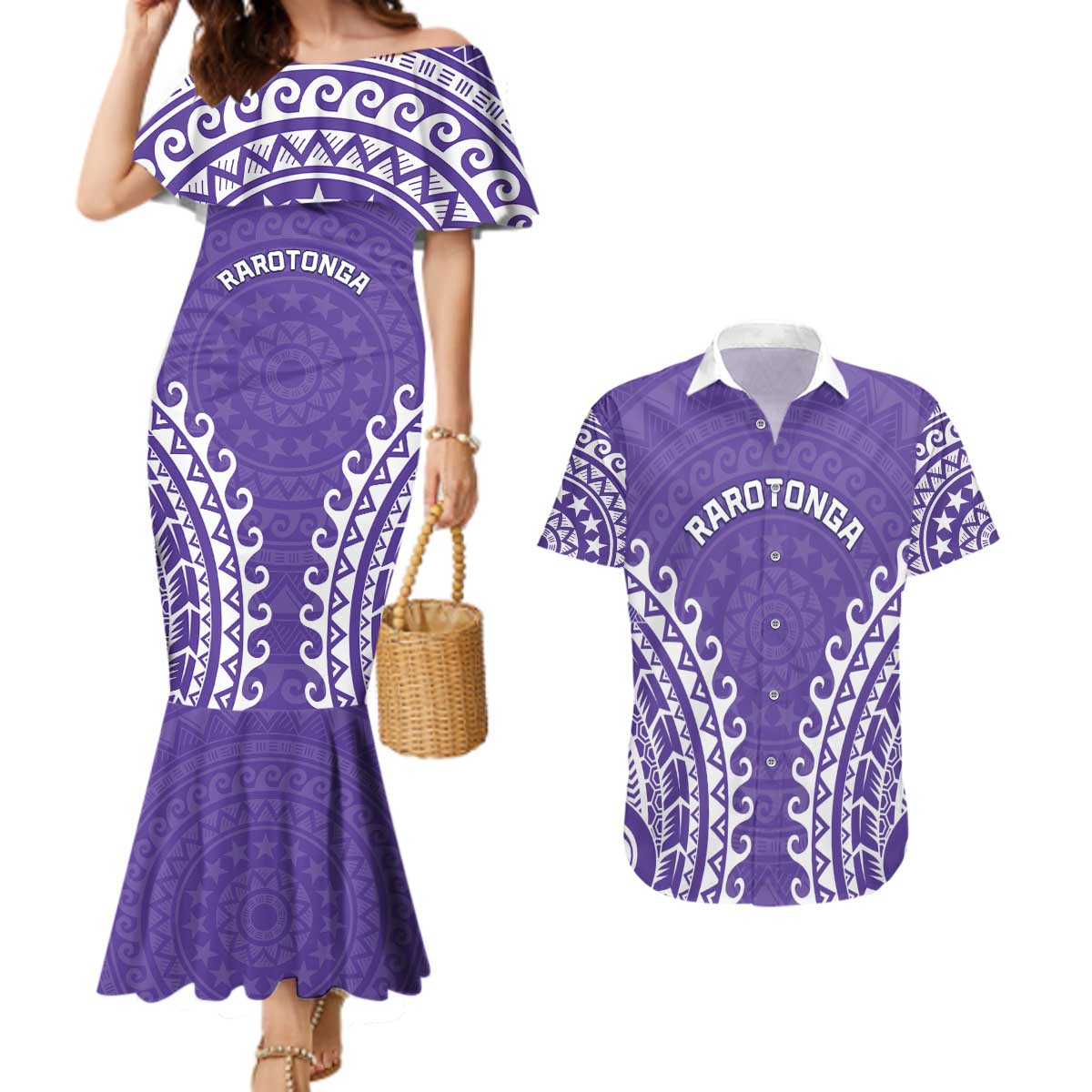 Custom Cook Islands Rarotonga Couples Matching Mermaid Dress and Hawaiian Shirt Polynesian Tribal Tattoo