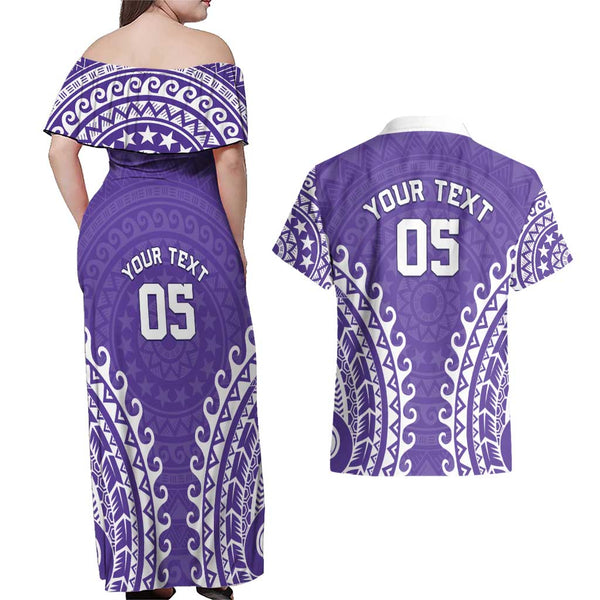 Cook Islands Rarotonga Couples Matching Summer Maxi Dress and Long Sleeve Button Shirts Coat Of Arms Plumeria Polynesian Turtle LT05