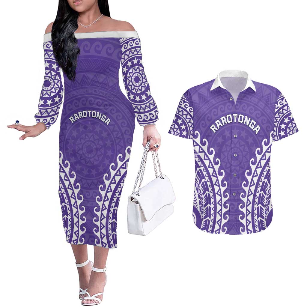 Custom Cook Islands Rarotonga Couples Matching Off The Shoulder Long Sleeve Dress and Hawaiian Shirt Polynesian Tribal Tattoo
