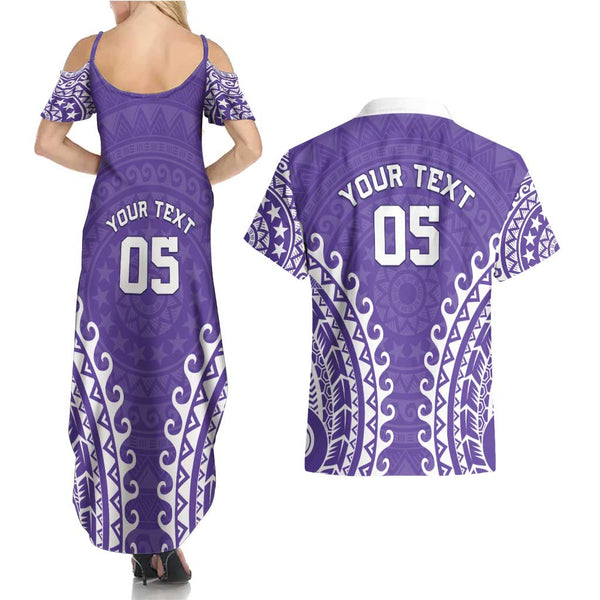 Cook Islands Mangaia Couples Matching Summer Maxi Dress and Long Sleeve Button Shirts Coat Of Arms Plumeria Polynesian Turtle LT05 main image 1