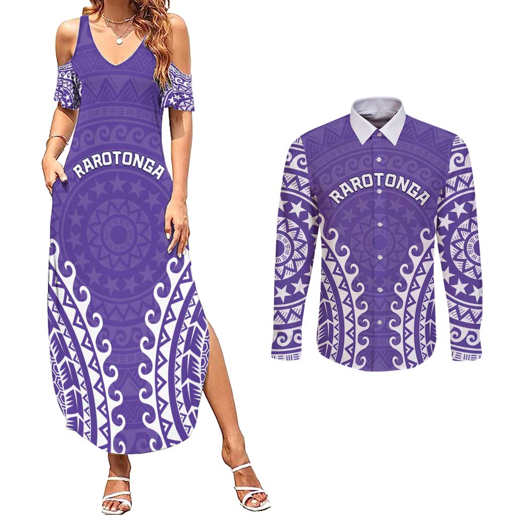 Custom Cook Islands Rarotonga Couples Matching Summer Maxi Dress and Long Sleeve Button Shirt Polynesian Tribal Tattoo