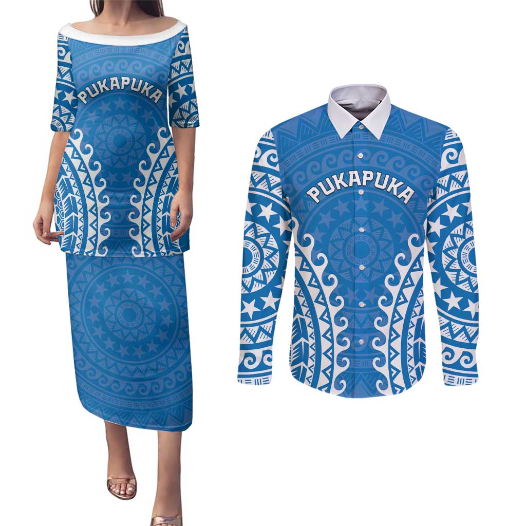 Custom Cook Islands Pukapuka Couples Matching Puletasi and Long Sleeve Button Shirt Polynesian Tribal Tattoo