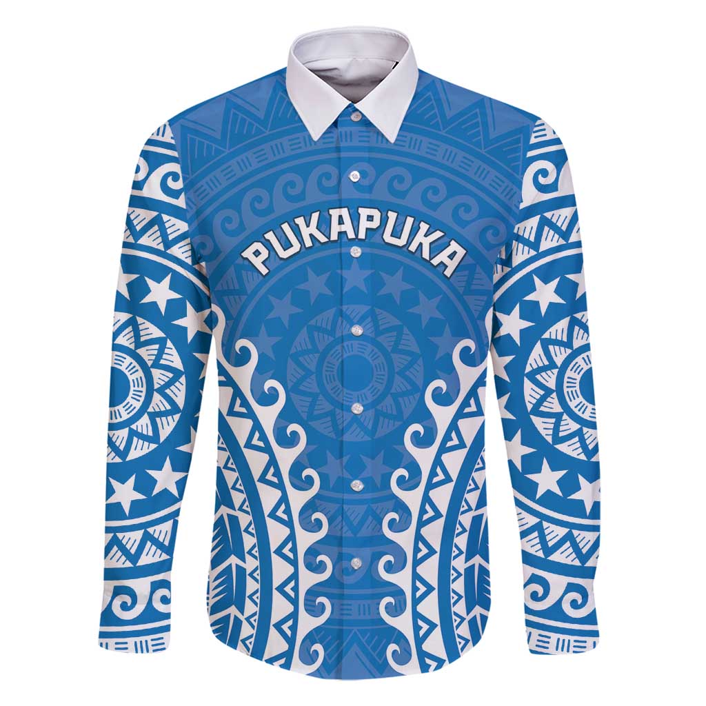 Custom Cook Islands Pukapuka Family Matching Long Sleeve Bodycon Dress and Hawaiian Shirt Polynesian Tribal Tattoo LT05 Dad's Shirt - Long Sleeve Blue - Polynesian Pride