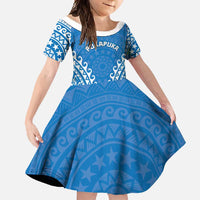 Custom Cook Islands Pukapuka Family Matching Summer Maxi Dress and Hawaiian Shirt Polynesian Tribal Tattoo LT05 Daughter's Dress Blue - Polynesian Pride