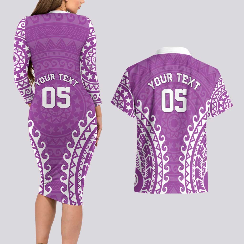 Custom Cook Islands Mangaia Couples Matching Long Sleeve Bodycon Dress and Hawaiian Shirt Polynesian Tribal Tattoo