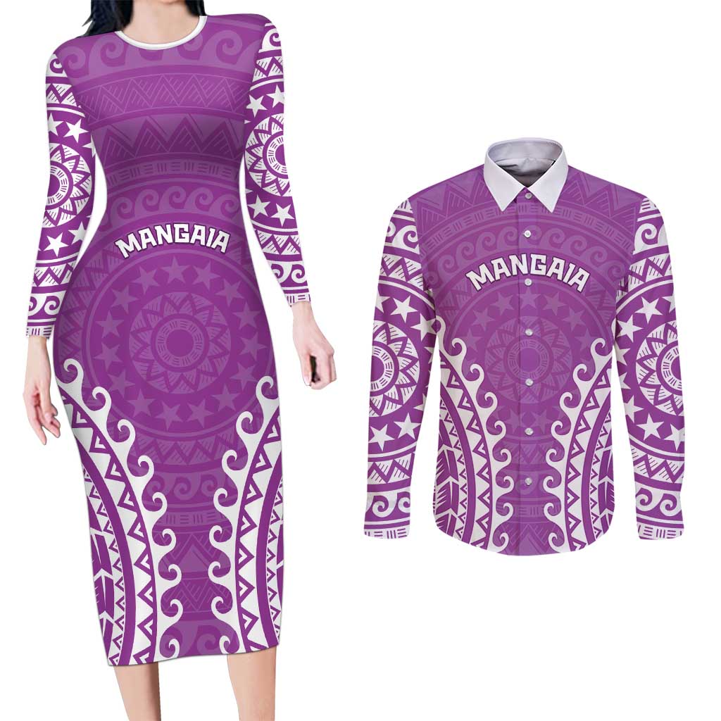 Custom Cook Islands Mangaia Couples Matching Long Sleeve Bodycon Dress and Long Sleeve Button Shirt Polynesian Tribal Tattoo