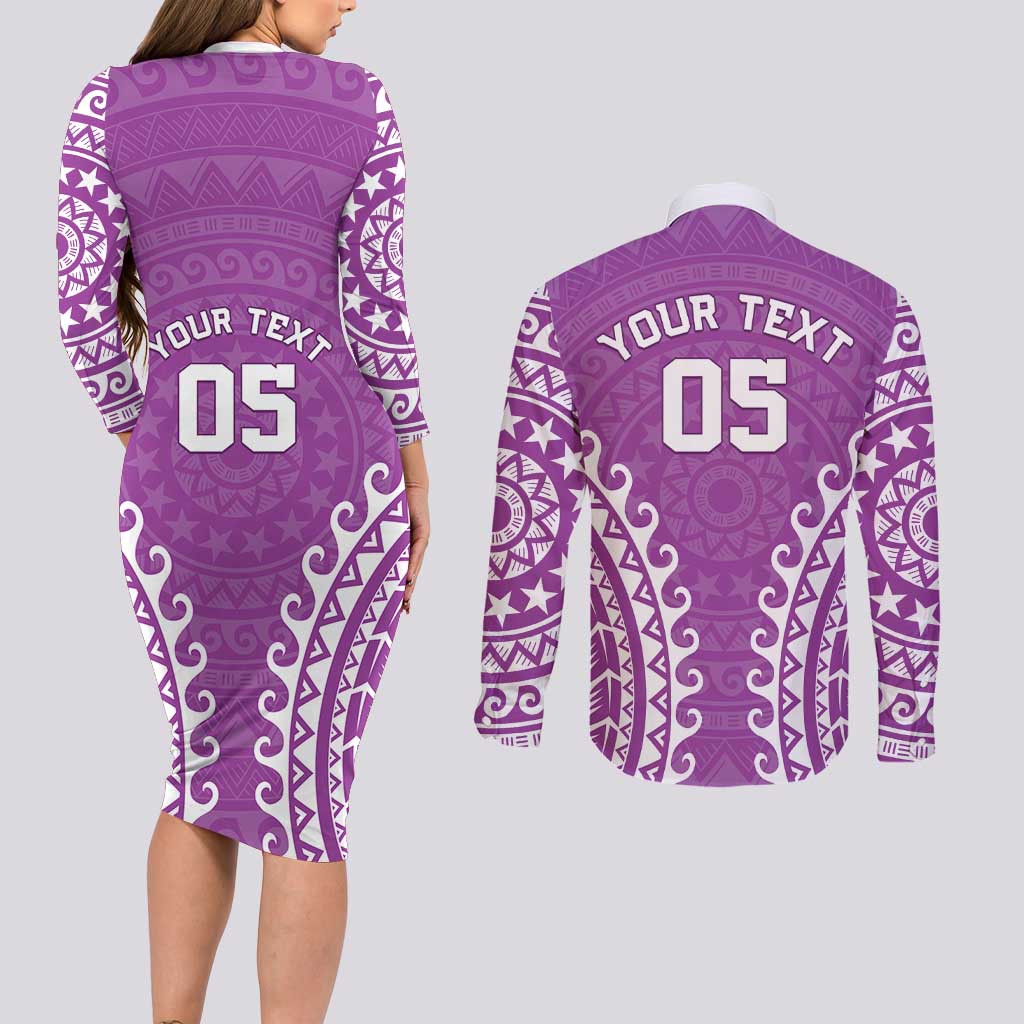 Custom Cook Islands Mangaia Couples Matching Long Sleeve Bodycon Dress and Long Sleeve Button Shirt Polynesian Tribal Tattoo
