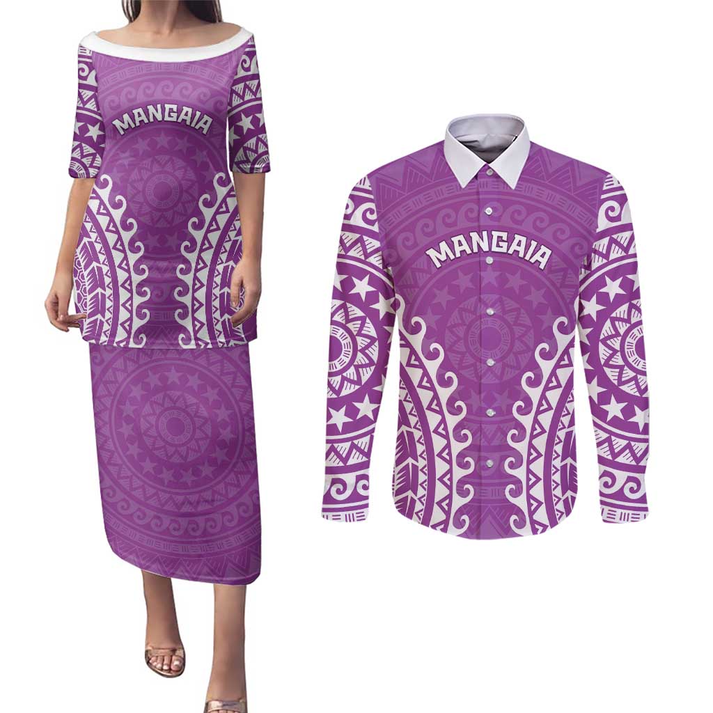 Custom Cook Islands Mangaia Couples Matching Puletasi and Long Sleeve Button Shirt Polynesian Tribal Tattoo