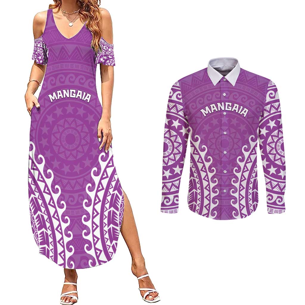 Custom Cook Islands Mangaia Couples Matching Summer Maxi Dress and Long Sleeve Button Shirt Polynesian Tribal Tattoo