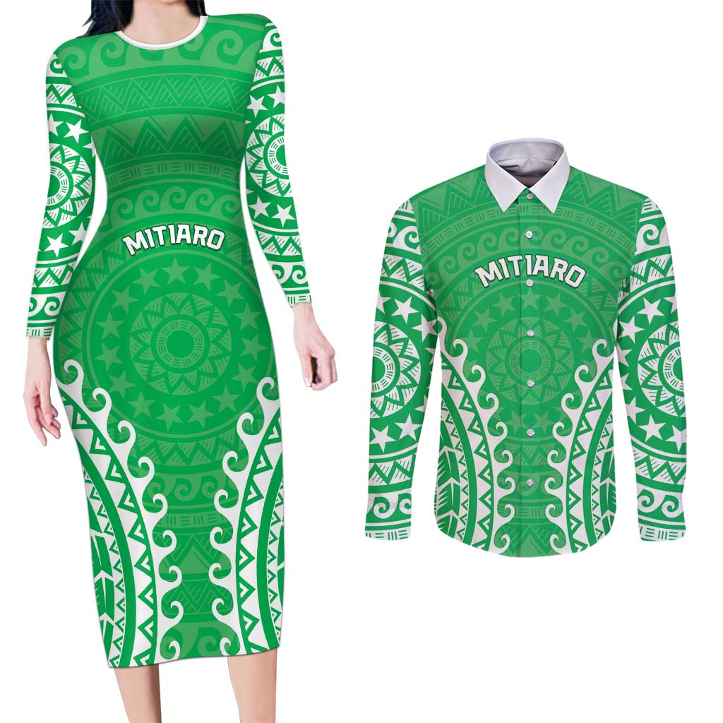 Custom Cook Islands Mitiaro Couples Matching Long Sleeve Bodycon Dress and Long Sleeve Button Shirt Polynesian Tribal Tattoo