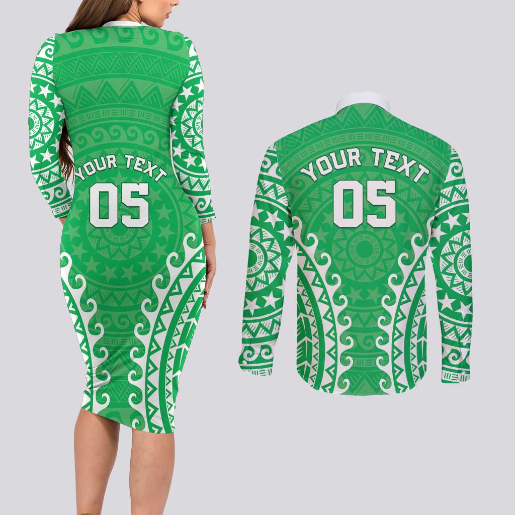 Custom Cook Islands Mitiaro Couples Matching Long Sleeve Bodycon Dress and Long Sleeve Button Shirt Polynesian Tribal Tattoo