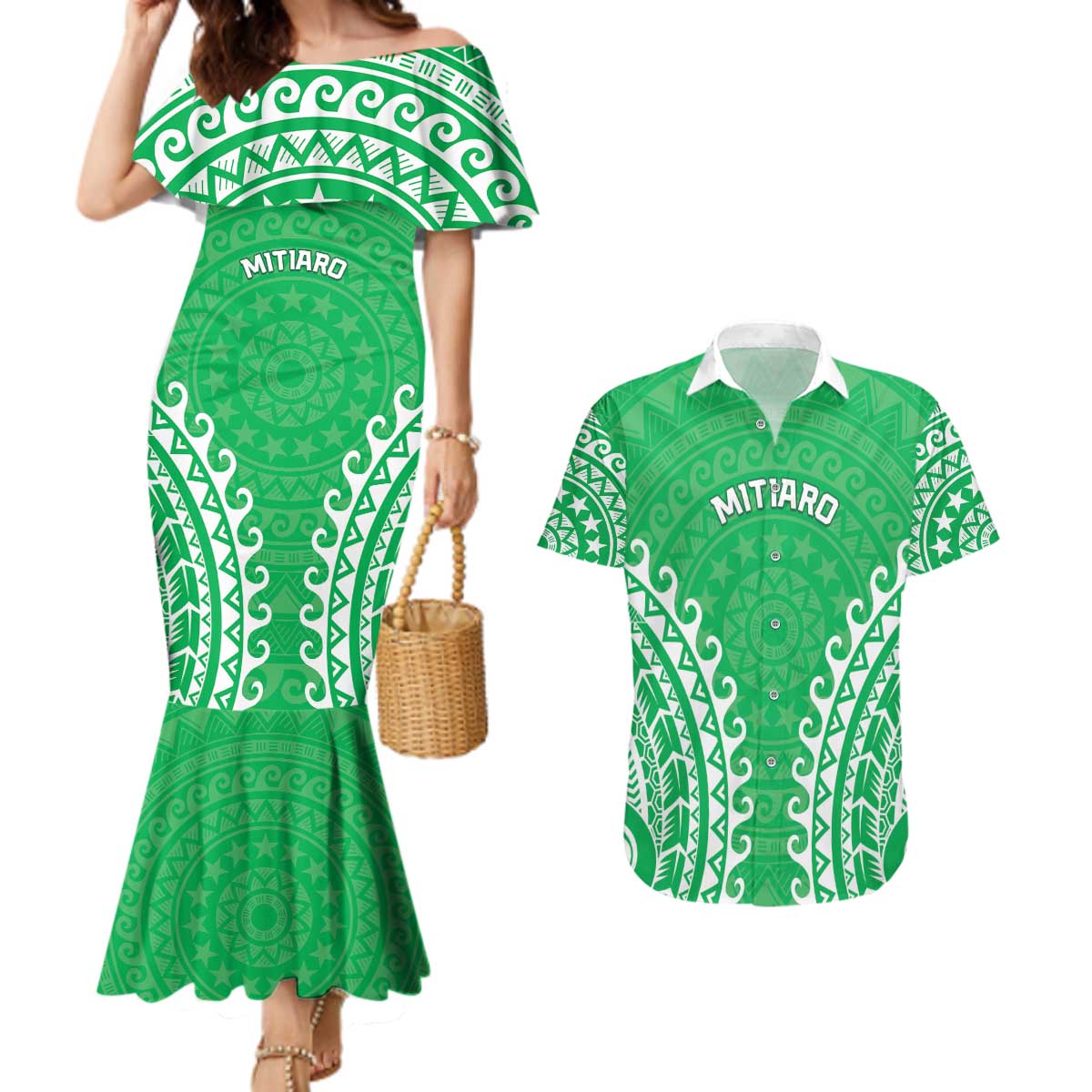 Custom Cook Islands Mitiaro Couples Matching Mermaid Dress and Hawaiian Shirt Polynesian Tribal Tattoo