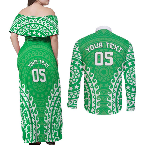 Polynesian Pride Couples Matching Off The Shoulder Long Sleeve Dress and Long Sleeve Button Shirts Turtle Hibiscus Luxury Style - Beige LT7 main image 1