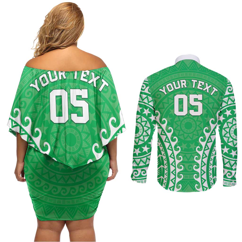 Custom Cook Islands Mitiaro Couples Matching Off Shoulder Short Dress and Long Sleeve Button Shirt Polynesian Tribal Tattoo