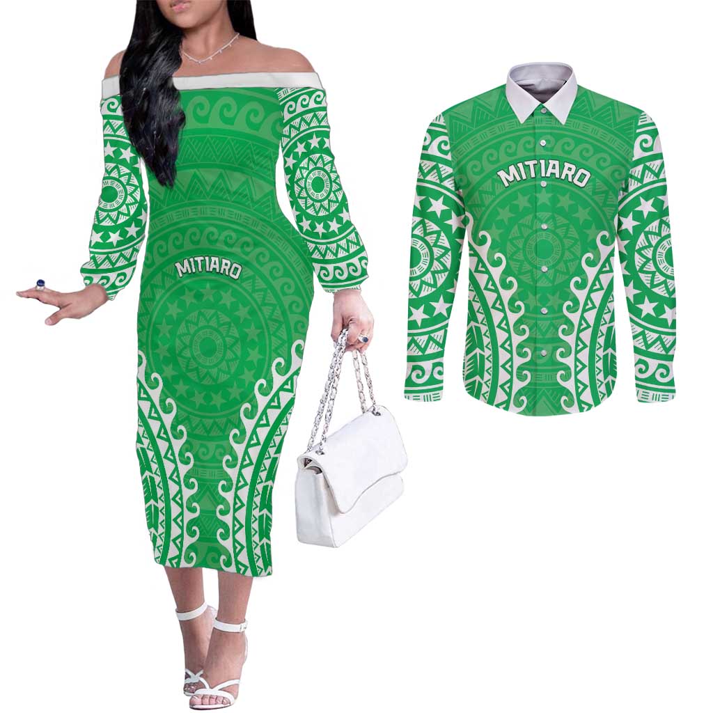 Custom Cook Islands Mitiaro Couples Matching Off The Shoulder Long Sleeve Dress and Long Sleeve Button Shirt Polynesian Tribal Tattoo